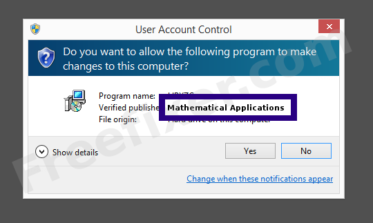 Screenshot where Mathematical Applications appears as the verified publisher in the UAC dialog
